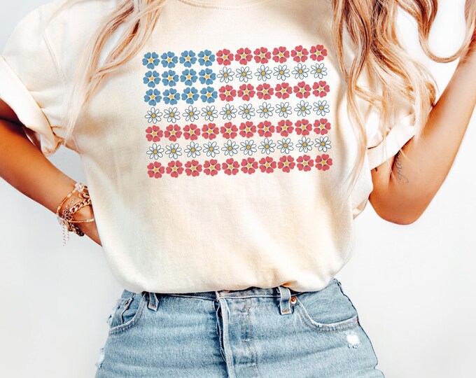 Floral American Flag Shirt, 4th of July Tee, Flag With Flowers T-Shirt, Comfort Colors Patriotic Graphic Tee, Independence Day Shirt