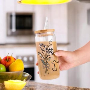 Personalized Birth Flower Tumbler, Gifts for Her, Mother&#39;s Day Gift, Bridesmaid Proposal Gift, Graduation Gift, Custom Glass Coffee Cup
