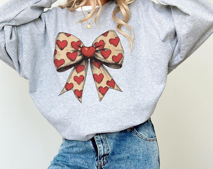 Coquette Valentine's Day Heart Bow Sweatshirt, Retro Valentine Shirt, Valentines day Bow Shirt, Coquette Bow T Shirt, Bow Valentine Gifts