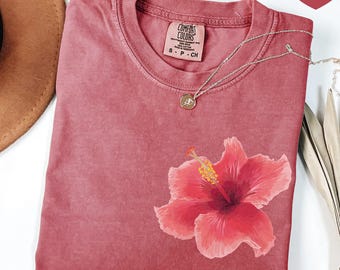 Comfort Colors Hibiscus Flower Shirt | Tropical Floral T-Shirt | Hawaii Vacation Beach Tee | Summer Vibes Shirt for Women | Coastal Tee