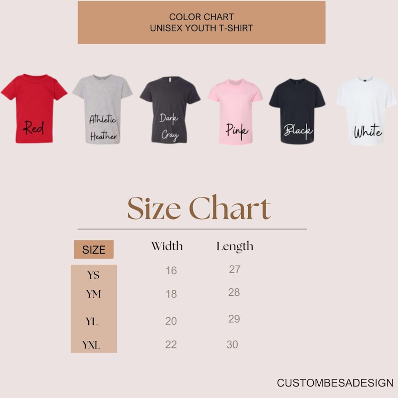 May include: A colour chart for unisex youth t-shirts, showing six shirt colours: red, athletic heather, dark grey, pink, black, and white. A size chart displays width and length measurements for sizes YS, YM, YL, and YXL.