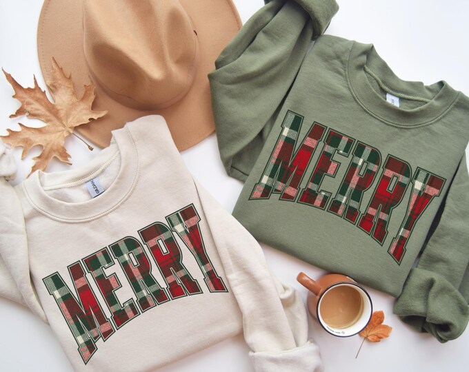 Merry Plaid Sweatshirt Merry Christmas Sweatshirt Christmas Sweatshirt Christmas Plaid Crewneck Matching Christmas Sweatshirt Christmas Gift