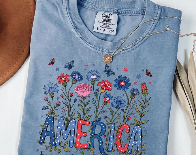Comfort Colors® Floral America Shirt, 4th of July Shirt, American Shirt, Flower USA Shirt, Girly Fourth Of July Shirt,Patriotic Floral Shirt