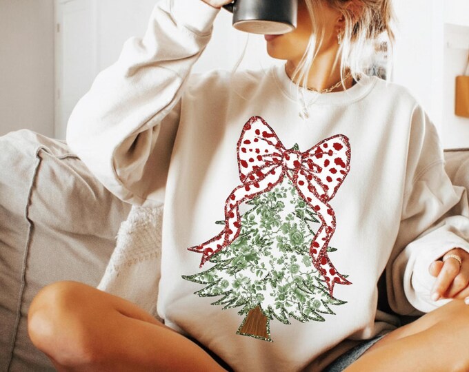 Christmas Tree Bow Shirt, Christmas Sweatshirt for Women, Toile Christmas Tree Tshirt, Christmas Coquette Christmas Shirt