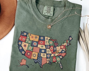 Comfort Colors® Retro America USA Map Shirt, USA States Map, American Girl Shirt, American Flag 1776 Shirt, America States Tee 4th July Gift
