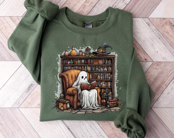 Retro Ghost Reading Books Sweatshirt, Librarian Ghost Halloween, Halloween Teacher Sweatshirt, Halloween Shirt, Teacher Gift, Boo School
