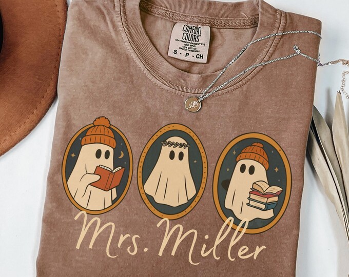 Personalized Cute Teacher Ghost, Comfort Colors Bow Shirt, Halloween Teacher Shirt, Funny Teacher Shirt for Fall, Personalized Teacher Gift