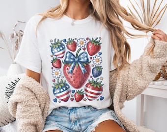 Patriotic Strawberry T-Shirt, 4th of July Strawberries Shirt, Fourth of July Shirt, Strawberry Flags Shirt, USA Summer Tee, Strawberry Tee