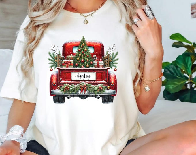 Comfort Colors® Christmas Shirt, Personalized Christmas Truck Shirt, Cute Christmas Tee Women, Holiday Christmas Gift for Dad, Trucker Shirt