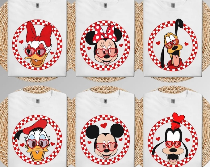 Disney Valentine’s Day Mickey Co Character Shirts, Mickey Minnie Donald Daisy Goofy Pluto Love Tee, Cute Heart Sunglasses Tee, Romantic Gift
