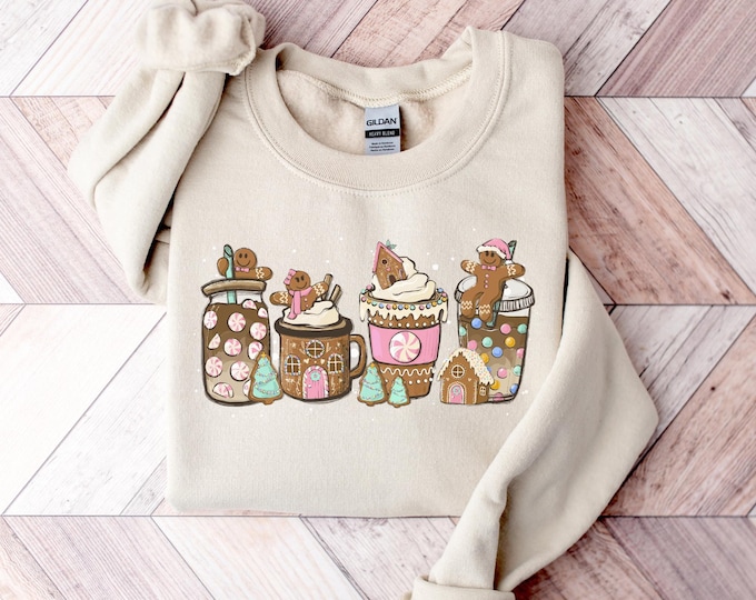 Gingerbread Christmas Coffee Shirt, Christmas coffee Sweatshirt, women Holiday sweater, Xmas Tee, Coffee Lover gift, Latte drink Crewneck