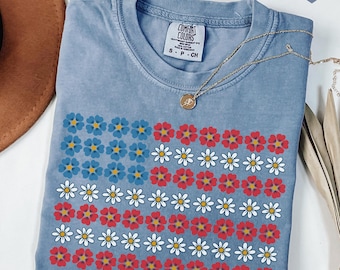Floral American Flag Shirt, 4th of July Tee, Flag With Flowers T-Shirt, Comfort Colors Patriotic Graphic Tee, Independence Day Shirt