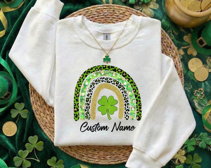 St. Patricks Day Rainbow Custom Text Shirt, Personalized Patricks Day TShirt Lucky Clover Top, Irish Friends Matching Leopard Rainbow Tee