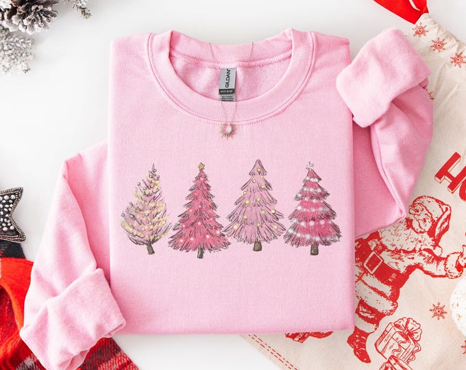 Pink Tree Christmas Sweatshirt, Pink Christmas Shirt, Merry Christmas Pink Tree Sweatshirt, Women's Holiday Shirt, Cute Christmas Sweater