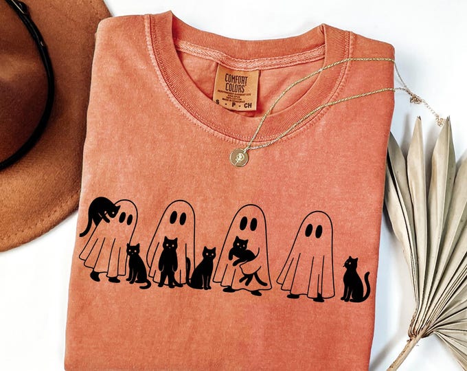 Halloween Black Cat & Ghost Comfort Colors Shirt, Halloween Ghost Tshirt, Spooky Season Cat Tee, Halloween Cute Women Outfit, Halloween Gift