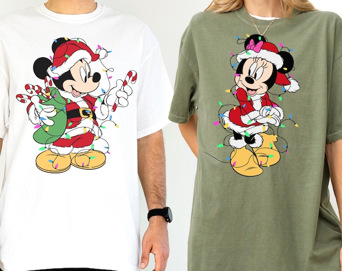 Comfort Color® Vintage Disneyland Christmas Shirt,Mickey Minnie Christmas Shirt, Christmas Lights Shirt,Disney Couple Shirt,Christmas Trip