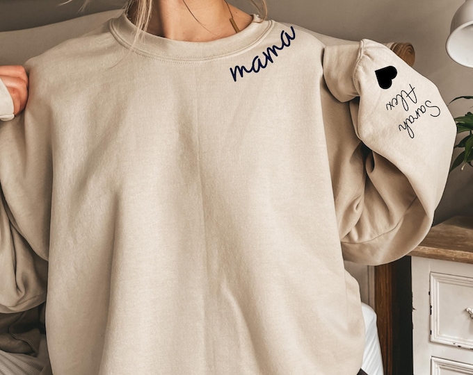Custom Mama Sweatshirt With Kid Name On Sleeve, Personalized Mom Sweatshirt, Minimalist Momma Hoodie, Gift For Her, Christmas Gift For Mom,