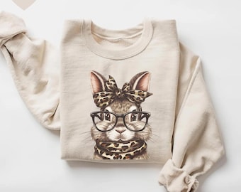 Sweat lapin avec lunettes léopard, sweat de Pâques, pull lapin de Pâques, sweat à capuche lapin de Pâques, cadeau de Pâques pour maman, t-shirt mignon de Pâques