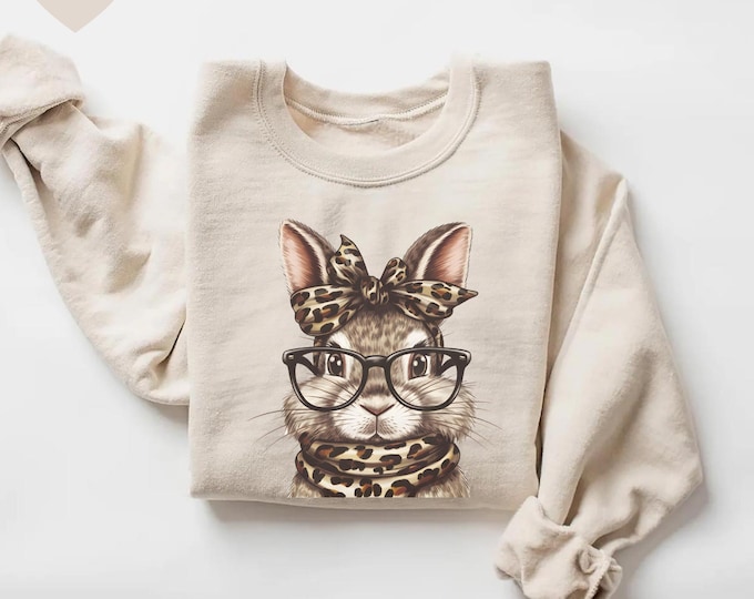 Bunny with Leopard Glasses Sweatshirt, Easter Sweatshirt, Easter Rabbit Sweater, Easter Bunny Hoodie, Easter Gift for Mom, Cute Easter Tee