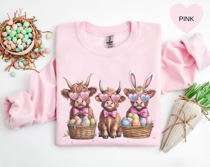 Highland Cow Easter Sweatshirt, Easter Heifer Shirt, Festive Spring Outfit, Easter Cow Lover Sweatshirt, Western Country Sweater