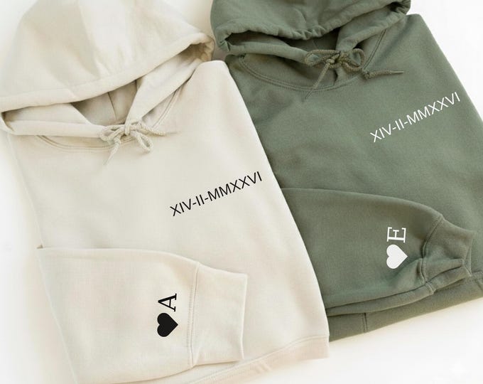 Personalized Roman Numeral With Initial Heart, Custom Matching Couple Roman Numeral Sweatshirt, Minimal Sweatshirt, Valentines Day Gifts