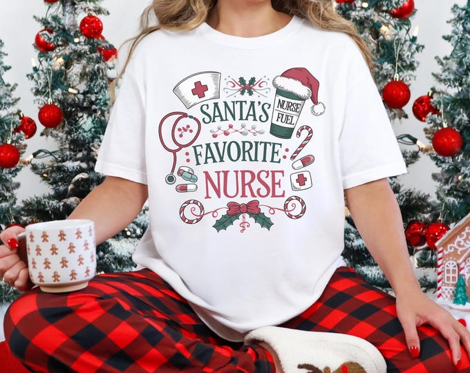 Santa’s Favorite Nurse Christmas shirt, Cute Nurse Holiday T-Shirt, RN Christmas Sweater, Nursing Student Gift, Nursing Sweatshirt