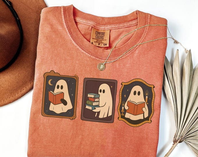 Comfort Colors® Ghost Reading Books Shirt, Bookish Halloween Shirt, Teacher Librarian Halloween Gift, Halloween Book Lover, Halloween School