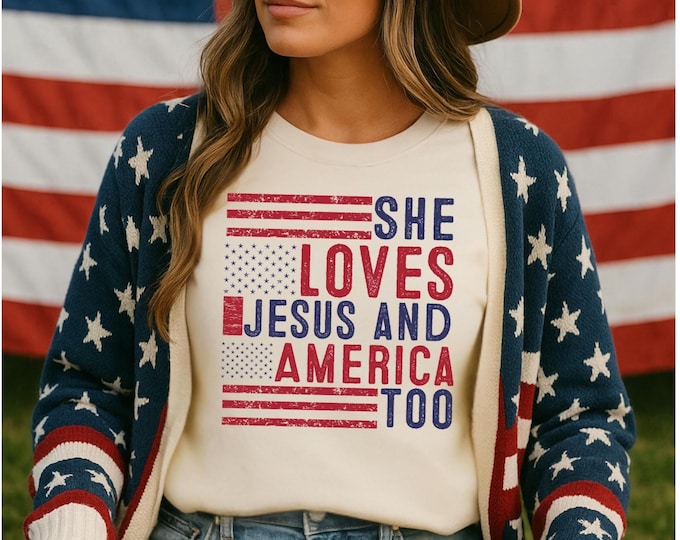 Comfort Colors®Retro USA Sweatshirt,She Loves Jesus And America Too,Womens USA Crewneck Sweatshirt,USA Shirt Sweat,4th of July Sweatshirt