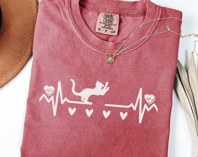 Comfort Colors®Valentine's Day Heartbeat Cat Shirt, Valentine Cats Lovers Gift Shirt, Heartbeat Cat Shirt, Valentine Sweater, Valentine Gift