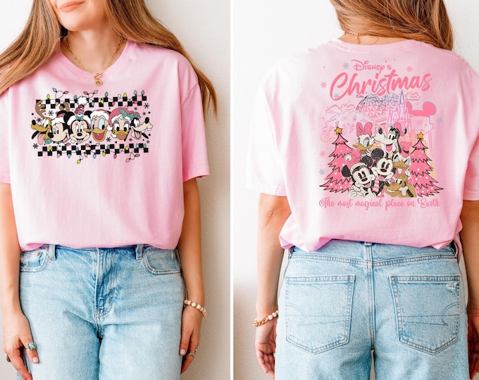 Retro 2-Sided Disney Christmas Pink Lights Shirt, Cute Mickey And Friends Xmas Tshirt, Disney Mickey's Very Merry Christmas