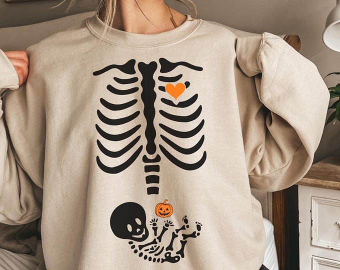 Skeleton Halloween Maternity Sweatshirt, Funny Pregnancy Announcement Shirt 2024, Pregnant Women Costume, Fall New Mom Sweater, Mommy to Be