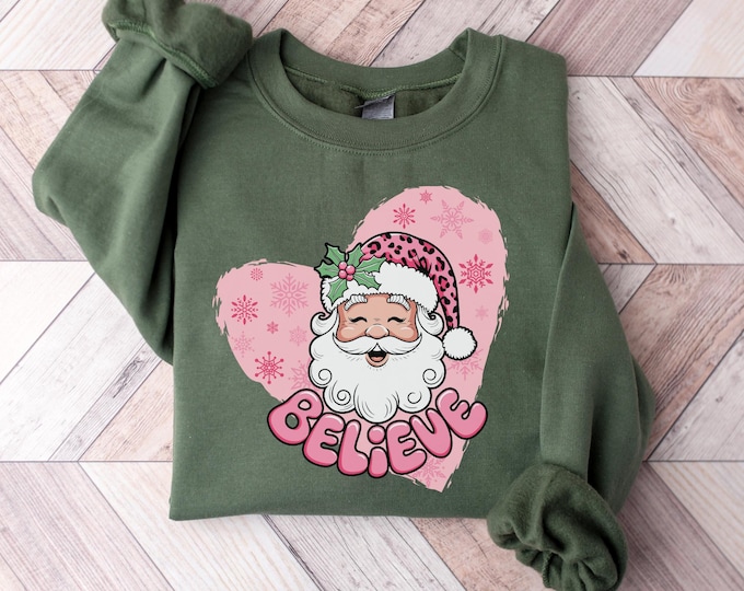 Pink Santa Retro Christmas T-Shirts Sweatshirts for Women Pink Christmas Matching Family Sweaters Pink Vintage Holiday Crewneck Group Party