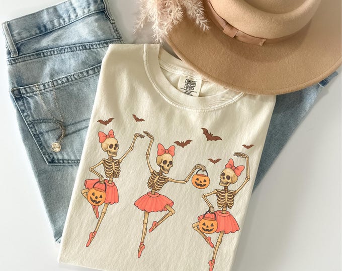 Comfort Colors® Dancing Skeleton Shirt, Halloween Party Shirt, Pumpkin Shirt, Skeleton Ballet Shirt, Cute Halloween Tee, Ballerina Skeleton