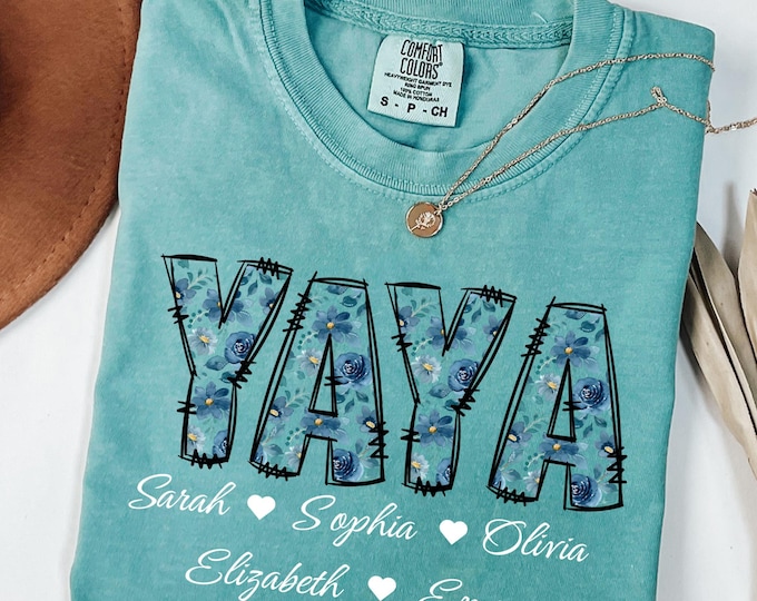 Personalized Yaya Shirt with Grandkids Names,Floral Mimi T-Shirt,Yaya Gifts,Mother's Day Shirt,Custom Kids Names Grandma Shirt,Mimi Tee