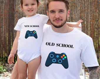 Bijpassend shirt vader en zoon, shirt videogame, Old School New School gaming-shirt, nieuwe vader bijpassende outfit vader en baby, vaderdagcadeau