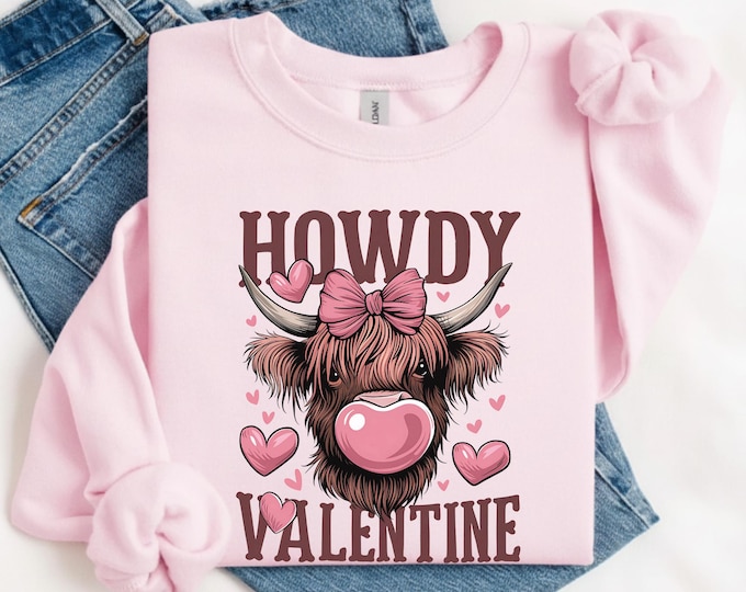 Howdy Valentine Shirt, Highland Cow Tee, Western Valentine Gift, Retro Cowgirl Top, Coquette Cow, Galentines Day,Howdy Valentine Sweatshirt