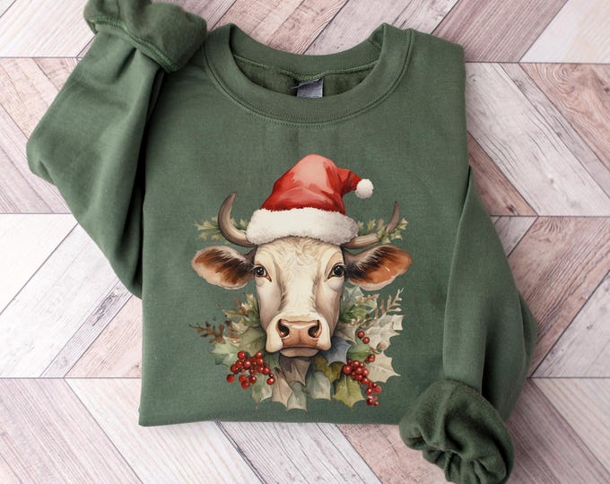 Christmas Cow Sweatshirt, Highland Cow tShirt, Women Cow Christmas Long sleeve, Cow Lover Gift, Farm Christmas Hoodie Gift, Christmas Shirt