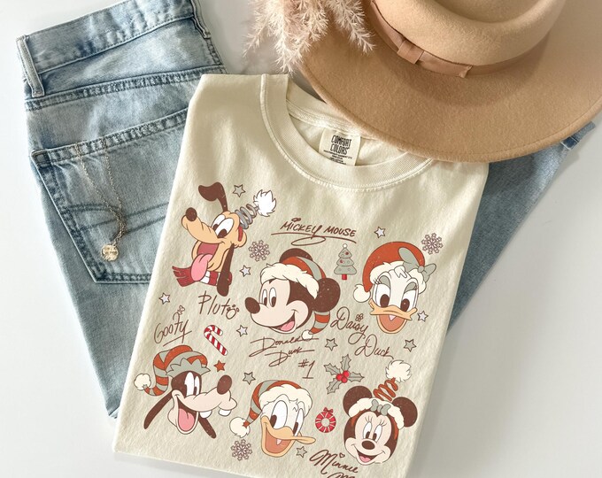 Comfort Colors Coquette Bow Mickey & Friends Christmas Shirts, Retro Disney Christmas Tee, Mickey's Very Merry Christmas Family Matching Tee