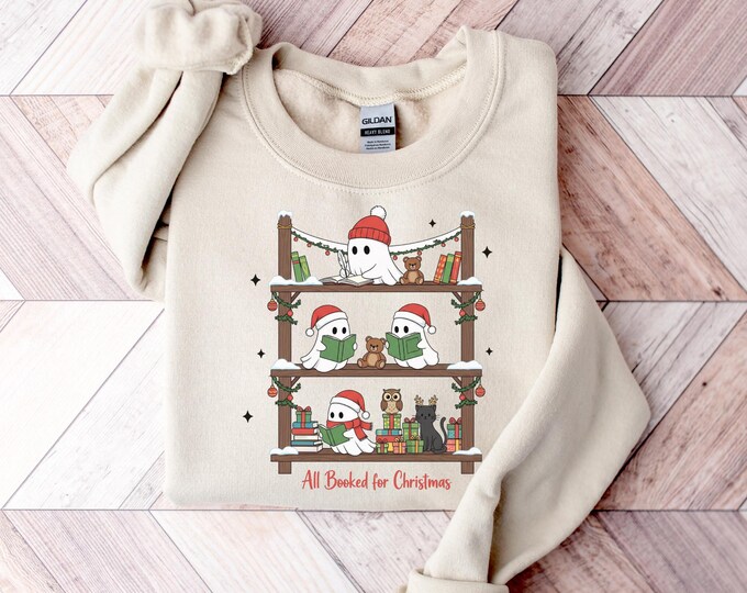 All Booked For Christmas Shirt Gift for Librarian,Bookworm Christmas Sweater,Christmas Book Tree Sweatshirt,Book Lovers Christmas Sweatshirt