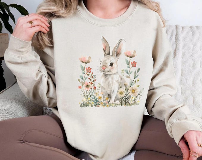 Easter Flowers Bunny Sweatshirt, Cute Bunny Sweatshirt, Rabbit Tee, Happy Easter Day Gift, Coquette Easter Shirt,Cute Easter Sweatshirt