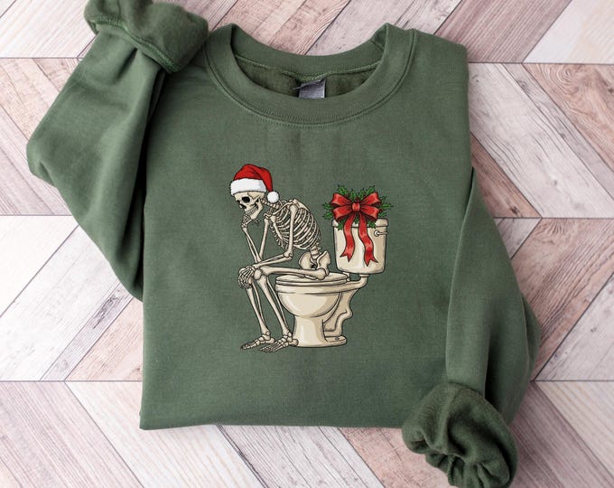 Funny Skeleton Christmas T Shirt, Rude Christmas Shirt,Santa Skeleton on Toilet Tee, Ugly Christmas Gift,Quirky Inappropriate Xmas Joke Gift