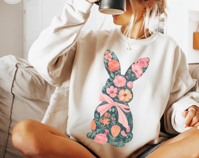 Floral Easter Shirt, Easter Sweatshirt, Coquette Bow Easter Tshirt, Easter Rabbit Shirt, Easter Shirts for Women, Easter Bunny Shirt