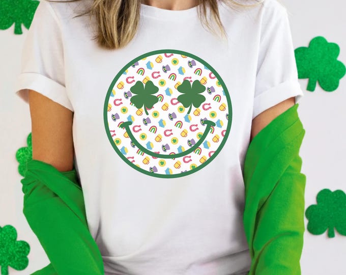 Retro Patricks Smiley Face Sweatshirt, Checkered Clover Sweater, Cute Women Patrick's T-Shirt, Happy Patricks Day, Patricks Day Gift
