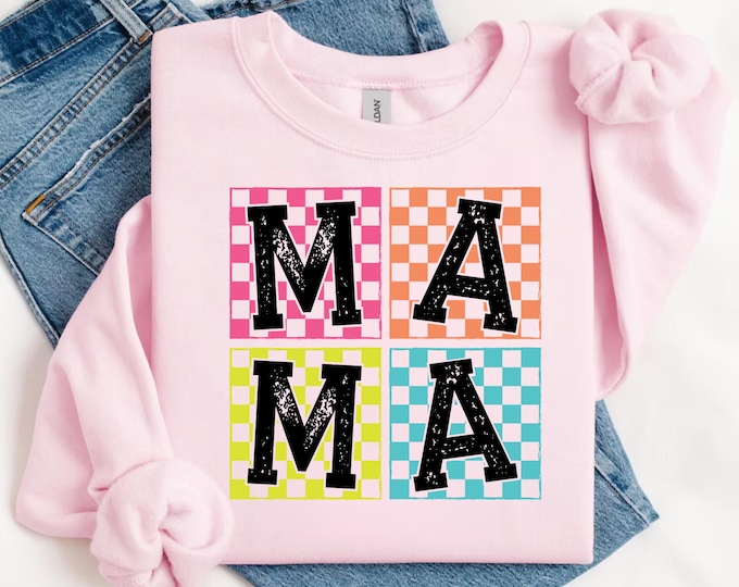 Checkered Mama Sweatshirt, Cute Retro Mom Crewneck, New Mom Gift, Pregnancy Announcement, Mothers Day Gift, Trendy Vintage Christmas Gifts