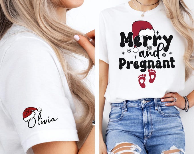 Custom Merry and Pregnant Shirt, Pregnancy Announcement Shirt, Christmas Pregnant Shirt, Funny Pregnancy Tee, Xmas Baby Shirt,Christmas gift
