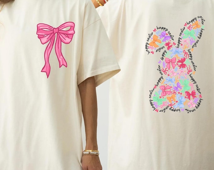 Comfort Colors®Happy Easter Day T-Shirt, Coquette Bow Shirt, Coquette Bow Bunny Shirt, Easter Day Two-Sided Shirt, Pink Bow Easter Shirt