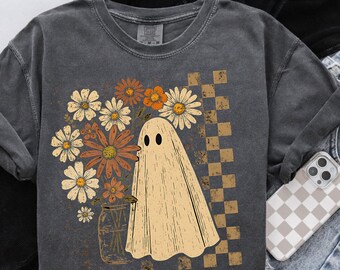 Comfort Colors® Rutig spökskjorta, Halloween-spökskjorta med blommönster, Söt höstskjorta, Cottagecore spöktröja