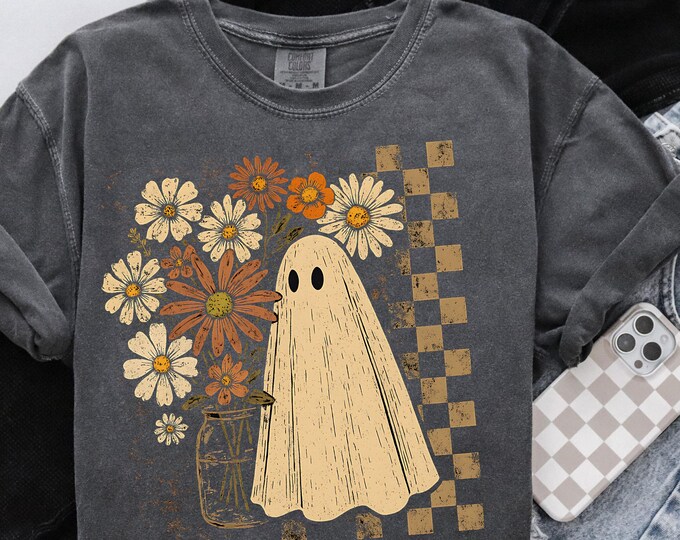 Comfort Colors® Checkered Ghost Shirt, Halloween Floral Ghost Shirt, Cute Fall Shirt, Cottagecore Ghost Tee