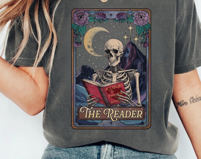 Comfort Colors® The Reader Tarot Card Shirt, Skeleton Reading Shirt, Unisex Tarot Card Shirt, Book Lover Gift, Bookish Gift,Tarot Lover Gift