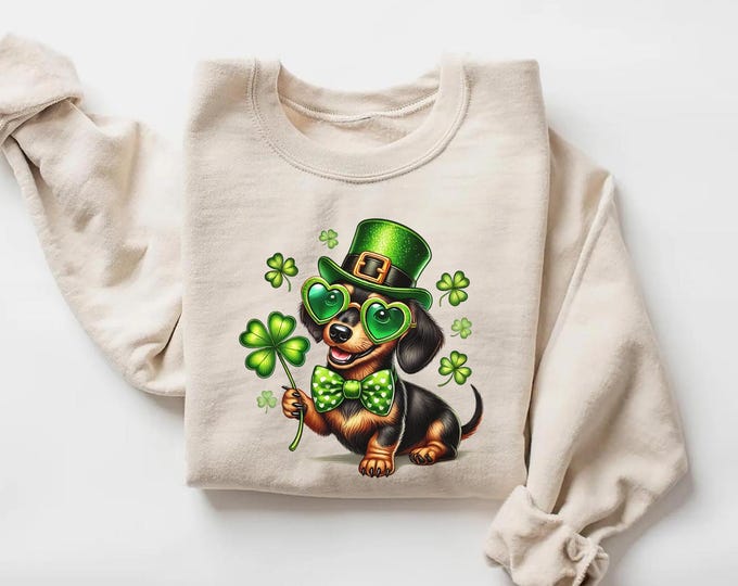 St. Patrick’s Day Dachshund Dog Sweatshirt, Lucky Dog Shirt, Dachshund St. Paddy's Sweater, Cute March Holiday Shirt